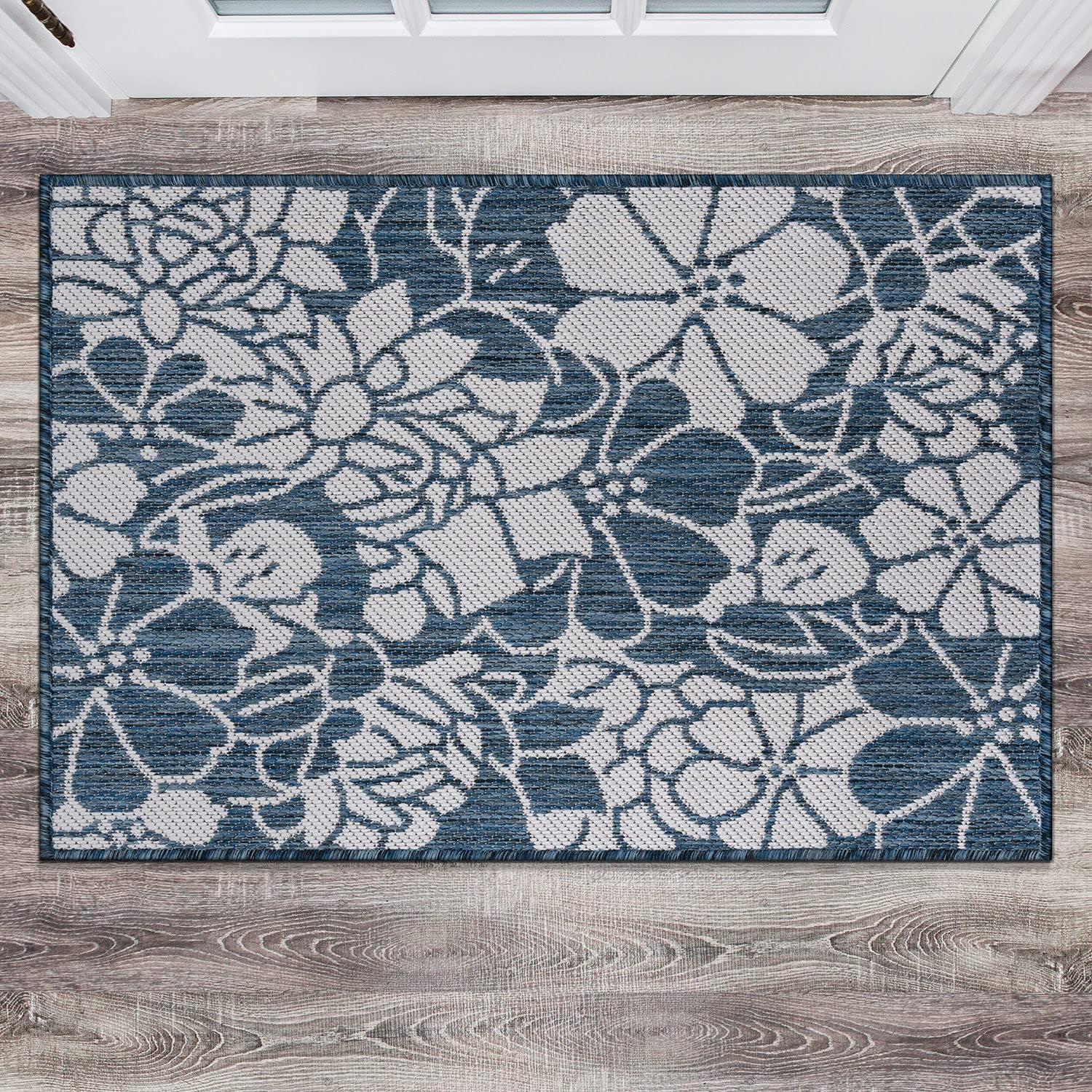 World Rug Gallery Modern Floral Flowers Textured Flat Weave Indoor/Outdoor Area Rug - NAVY 2'x3'
