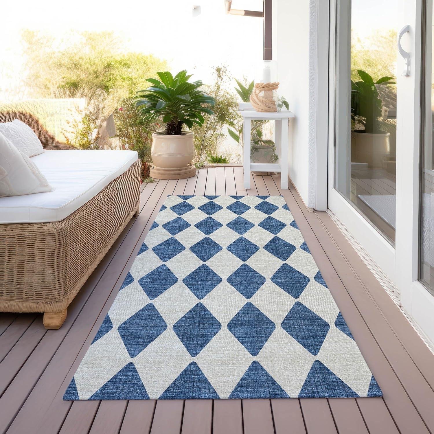 Navy and Beige Diamond Pattern Washable Runner Rug