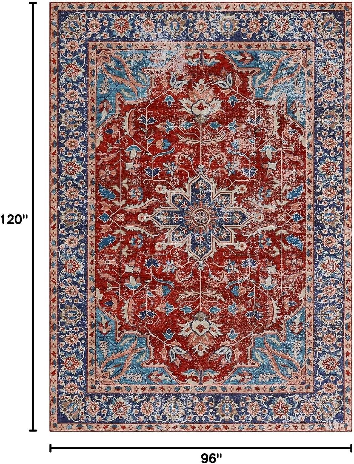 Red and Blue Floral Chenille 8' x 10' Washable Area Rug