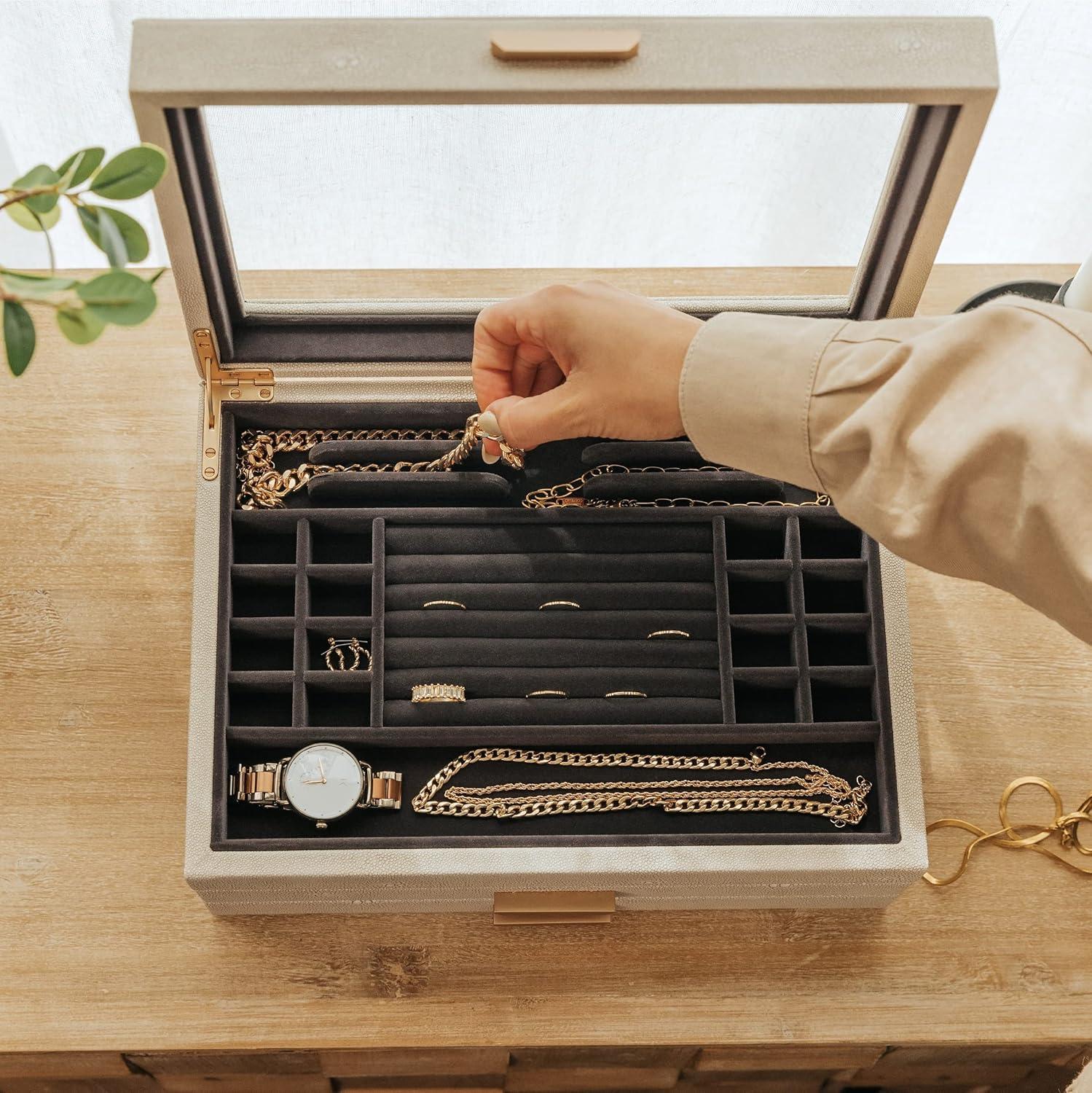 Large 3 Tier Jewelry Box, Storage Case Organizer for Women, Shagreen Vegan Leather by Case Elegance