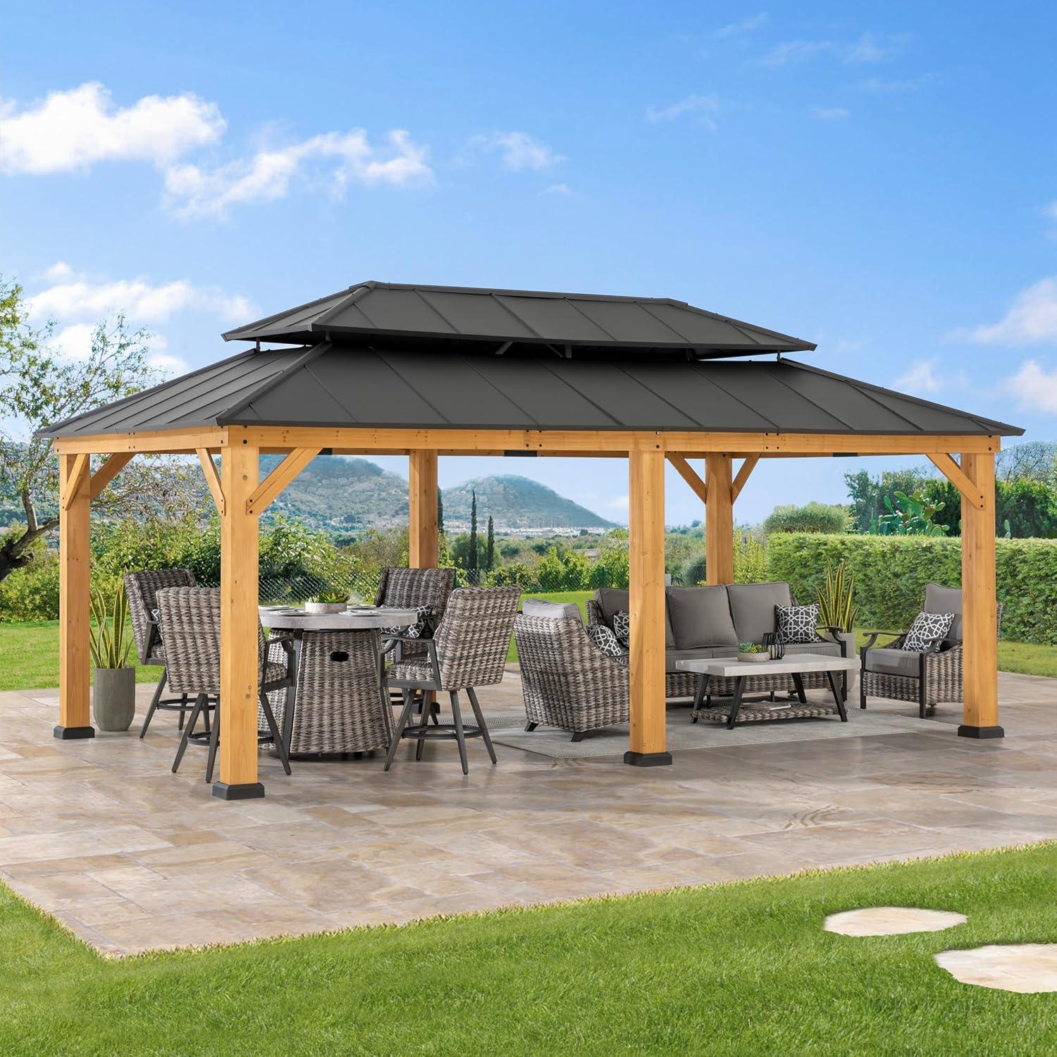 Sunjoy 12 x 20 ft. Wood Gazebo, Outdoor Patio Aluminum Hardtop Gazebo, Cedar Framed Wooden Gazebo with 2-Tier Roof, Suitable for Patios, Lawn and Backyard