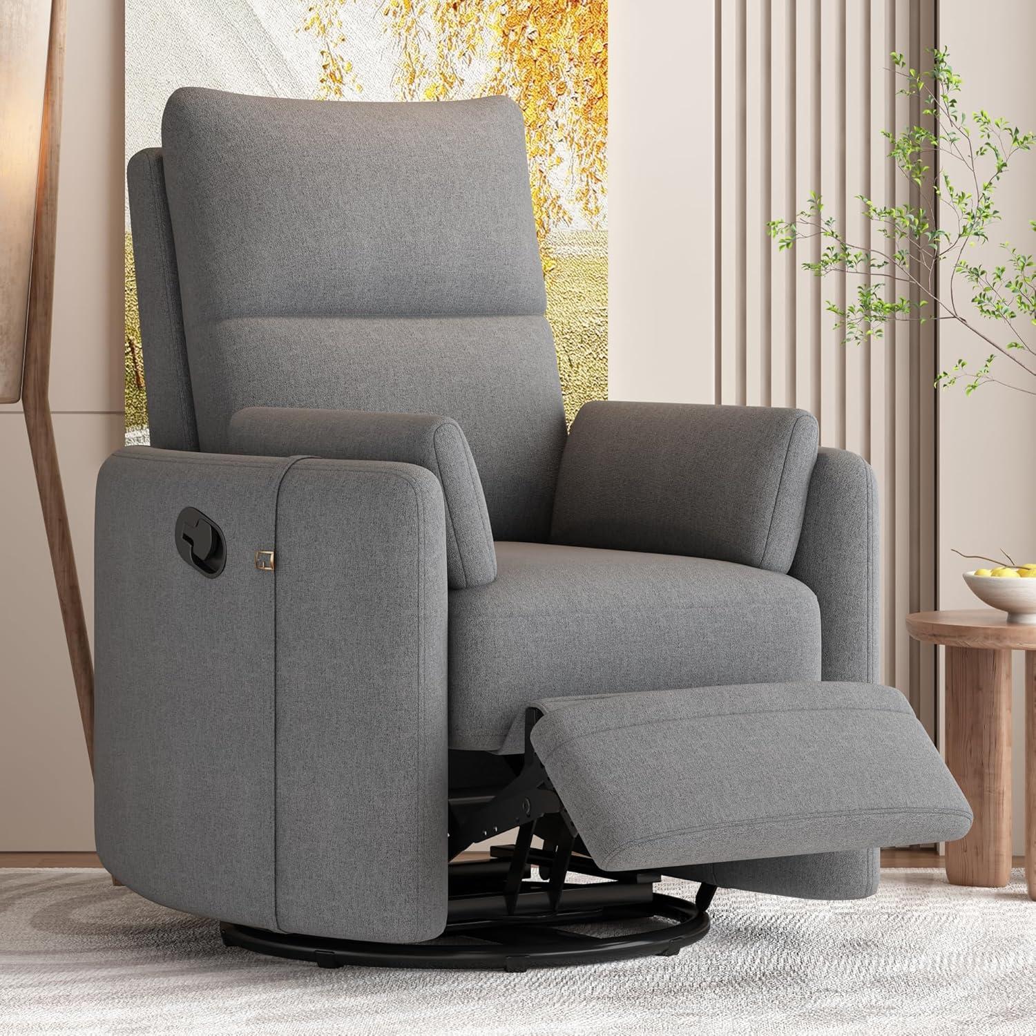 Swivel Rocker Glider Nursery, Manual Recliner Chair Single Sofa Chair for Adults, Linen Fabric Rocker Chair with Removable Pillows for Living Room, Bedroom, Dark Grey