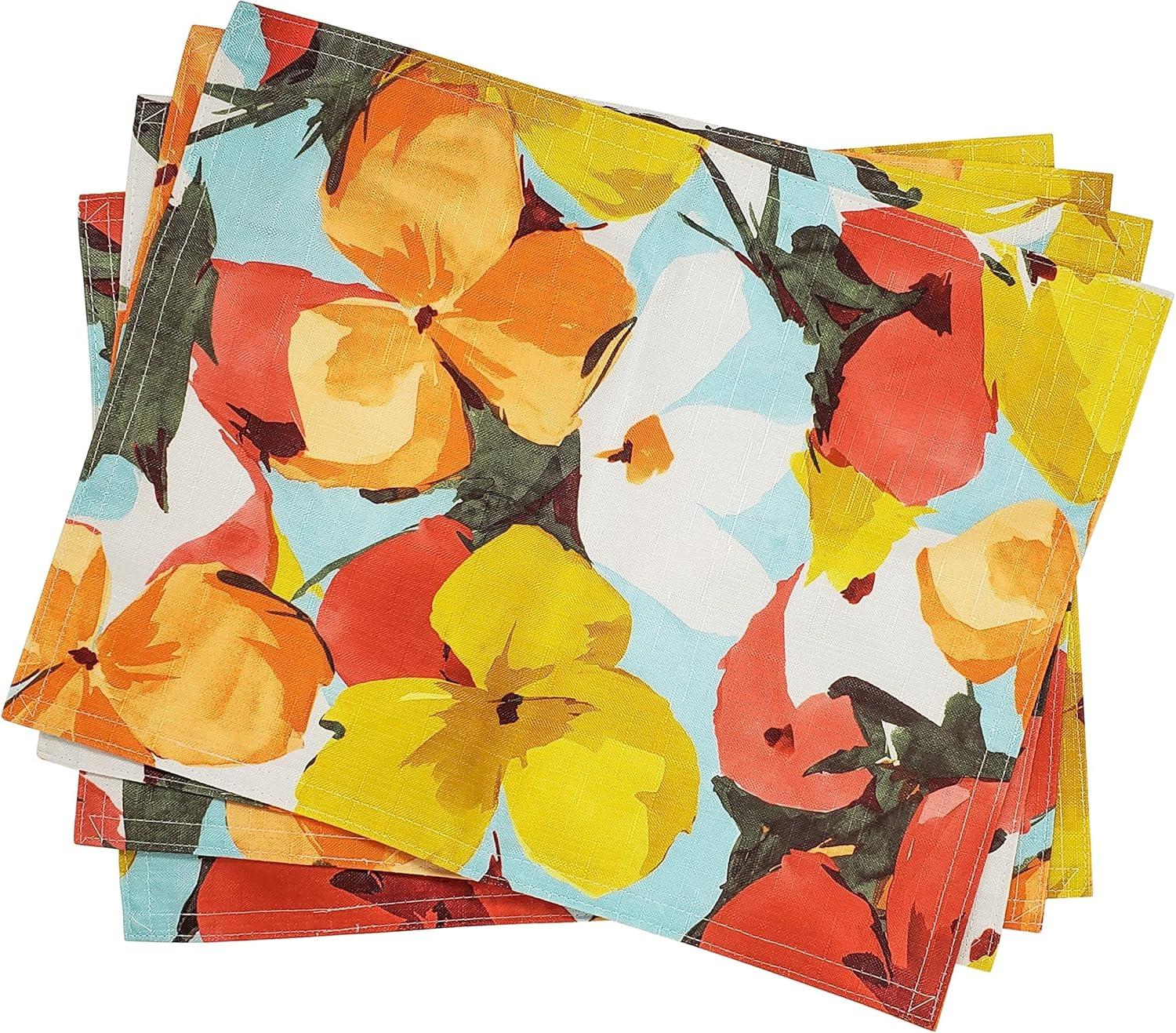 KOVOT Floral Placemat Set of 8 for Indoor or Outdoor Dining | Summer Spring Fall Flower Design 17" x 13" Table Decor | Orange/Yellow