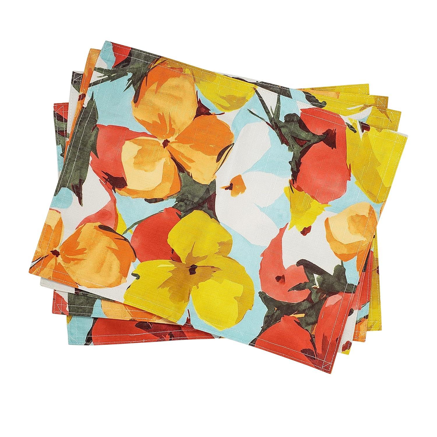 KOVOT Floral Placemat Set of 8 for Indoor or Outdoor Dining | Summer Spring Fall Flower Design 17" x 13" Table Decor | Orange/Yellow