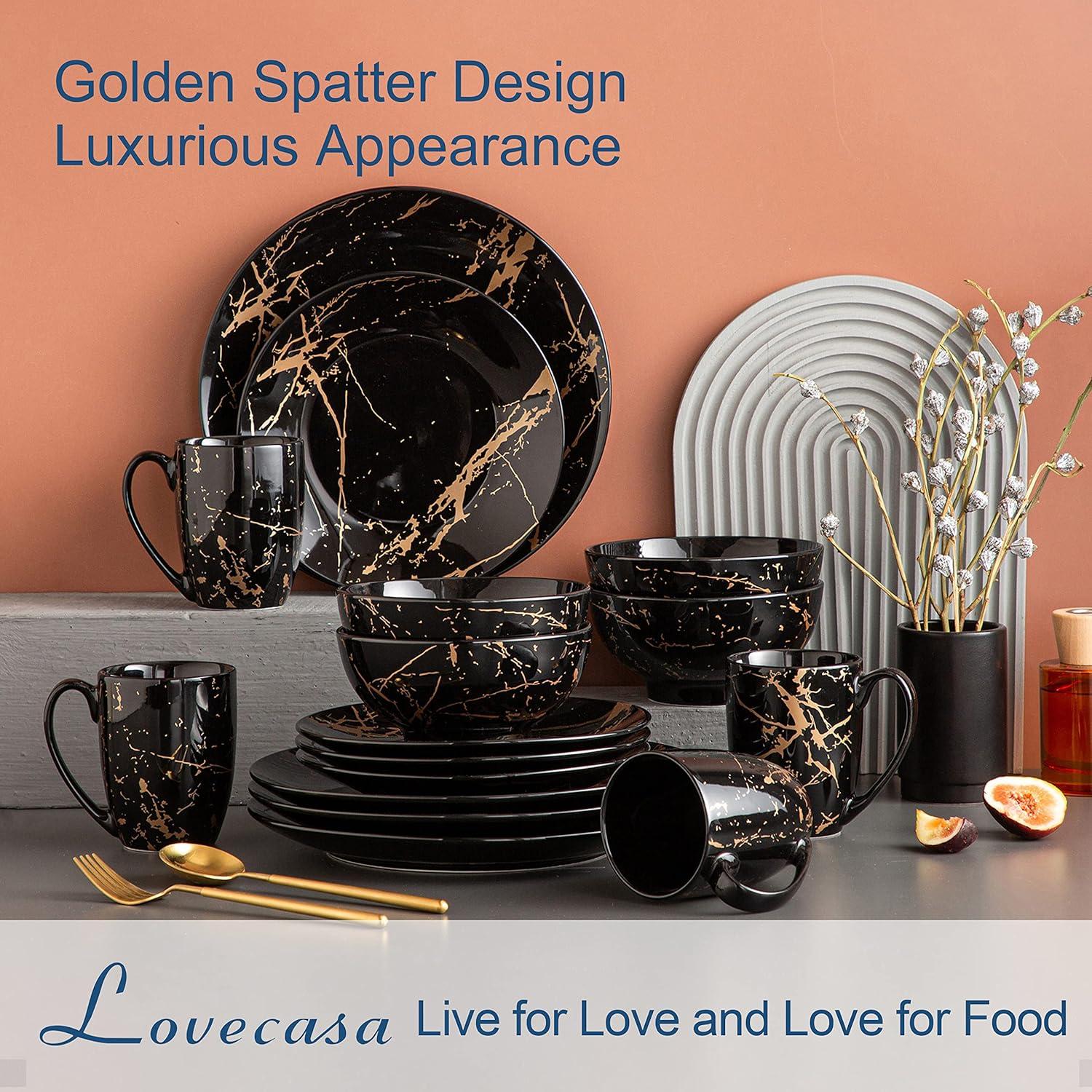 Plates And Bowls Sets For 4, Porcelain Dinnerware Sets  Gold Splash Glaze Ceramic Dish Set, Round Dinner Set With Mugs, Dishwasher Microwave Safe,(Black/16 Piece)