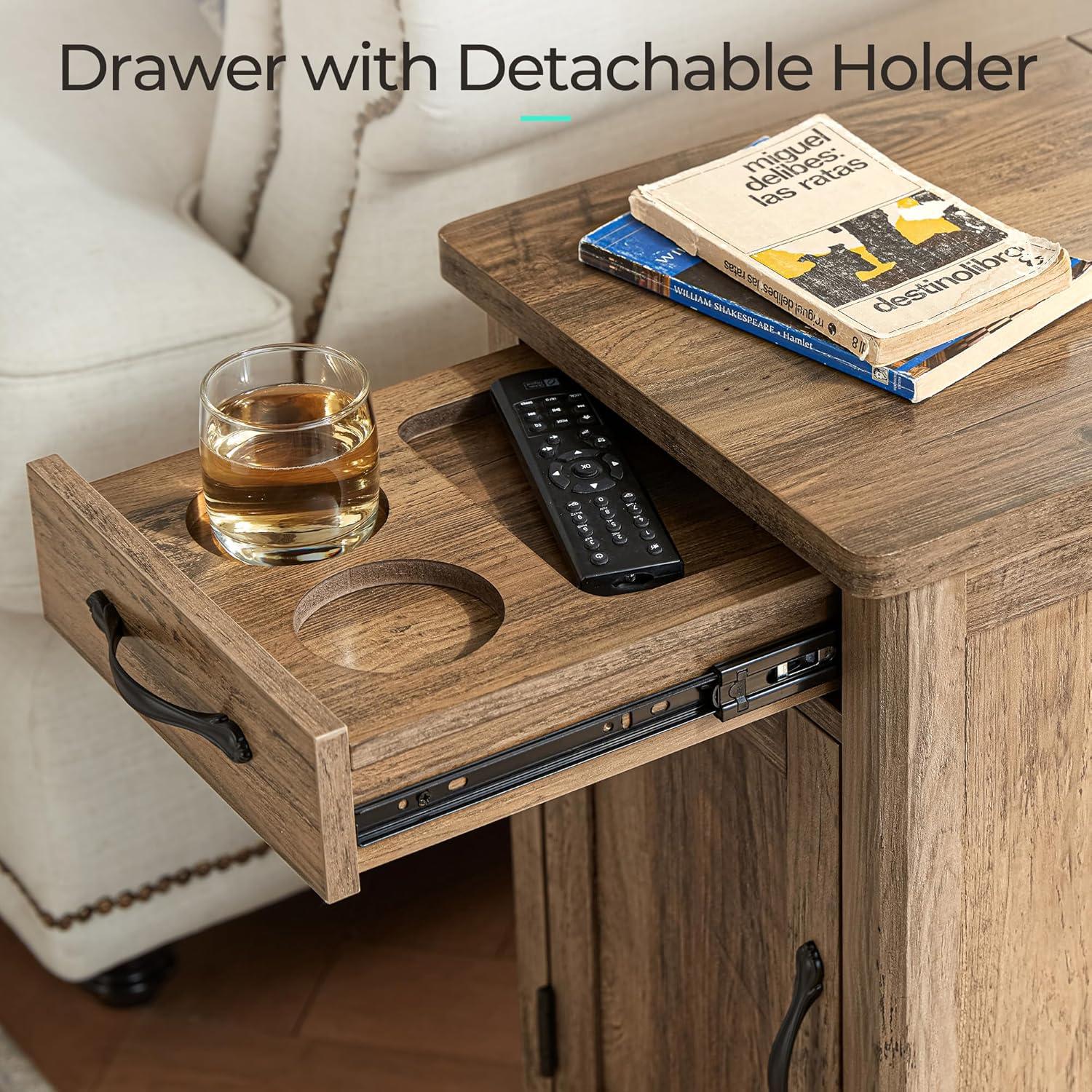 LINSY HOME End Table with Charging Station, Side Table for Bedroom with Drawer and Detachable Holder, Multiple Storage Space, Extra Storage & Display Space, Small Nightstand for Living Room,brown