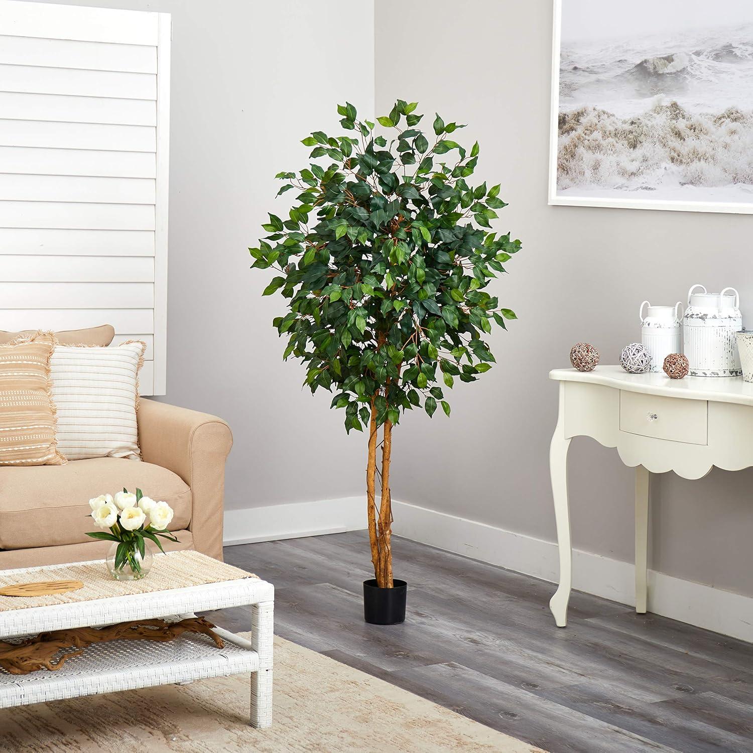 Nearly Natural 60" Artificial Ficus Tree in Pot Black: Indoor Faux Plant, No Assembly, Unlit