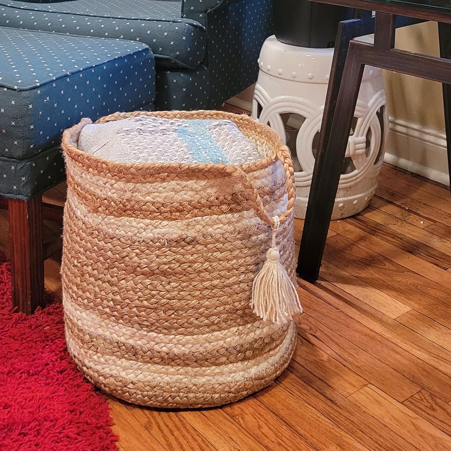 LR Home Baria Natural Jute 17" x 17" Braided Striped Decorative Storage Basket