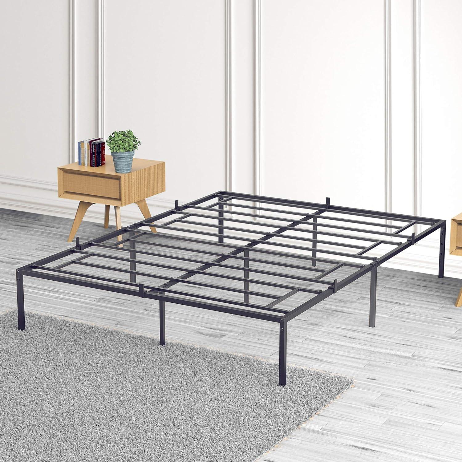 Black Metal Queen Bed Frame with Slats and Storage