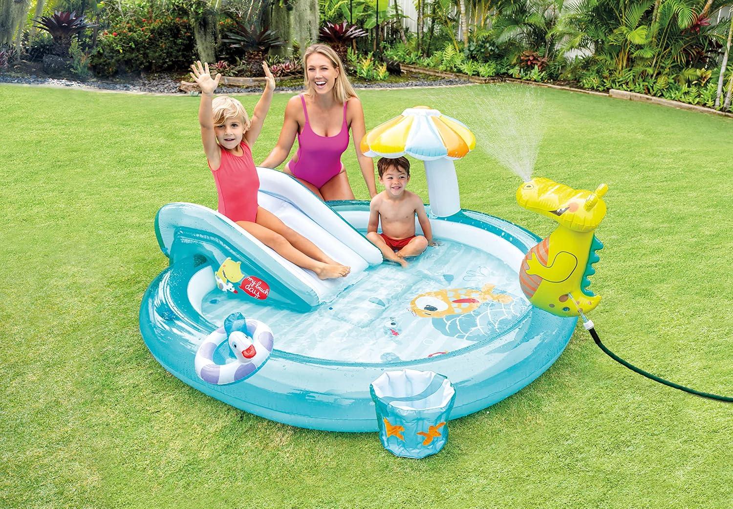 Intex 57165EP Gator 6.6ft x 5.6ft x 4in Outdoor Inflatable Kiddie Pool Water Play Center with Slide, for Toddlers Ages 2 and Up