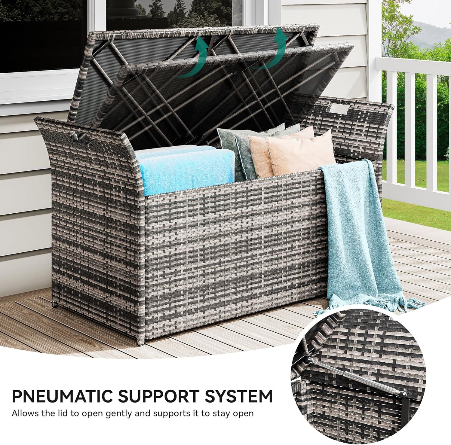 Gray Wicker and Polyethylene Outdoor Storage Bench with Cushion