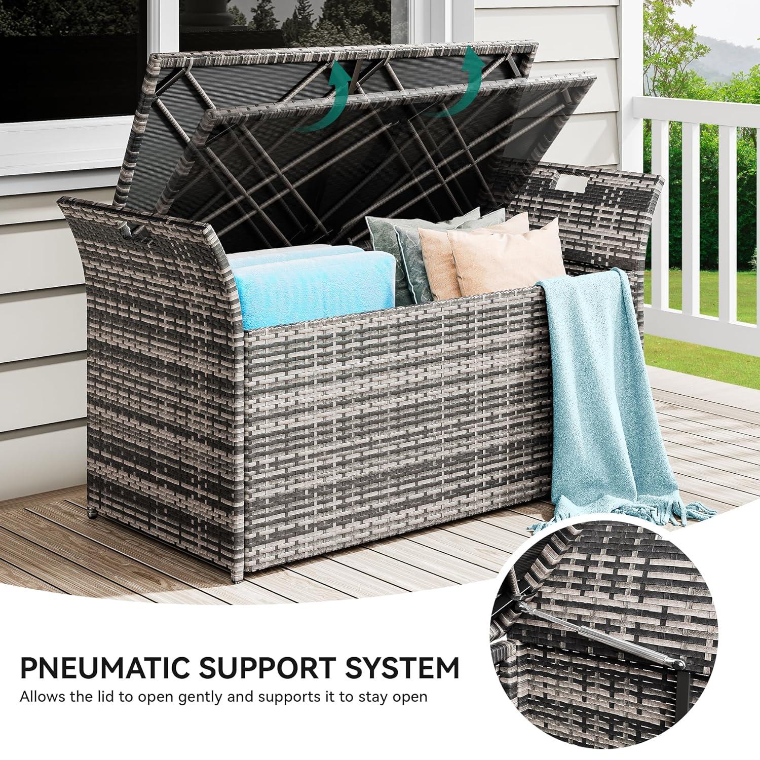 Gray Wicker and Polyethylene Outdoor Storage Bench with Cushion