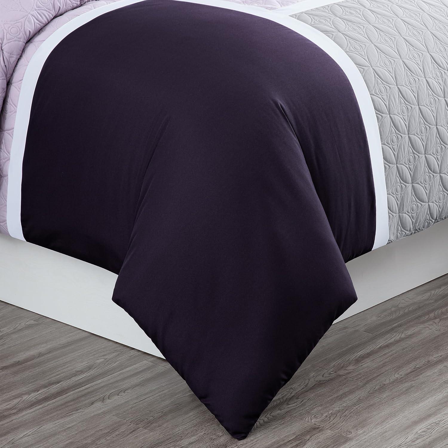 Chezmoi Collection Bernard 7-Piece Queen Bed in a Bag Comforter Set with Sheets, Lightweight Comforter Lavender Purple Gray Patchwork Quilted Medallion Bedding Set for All Season