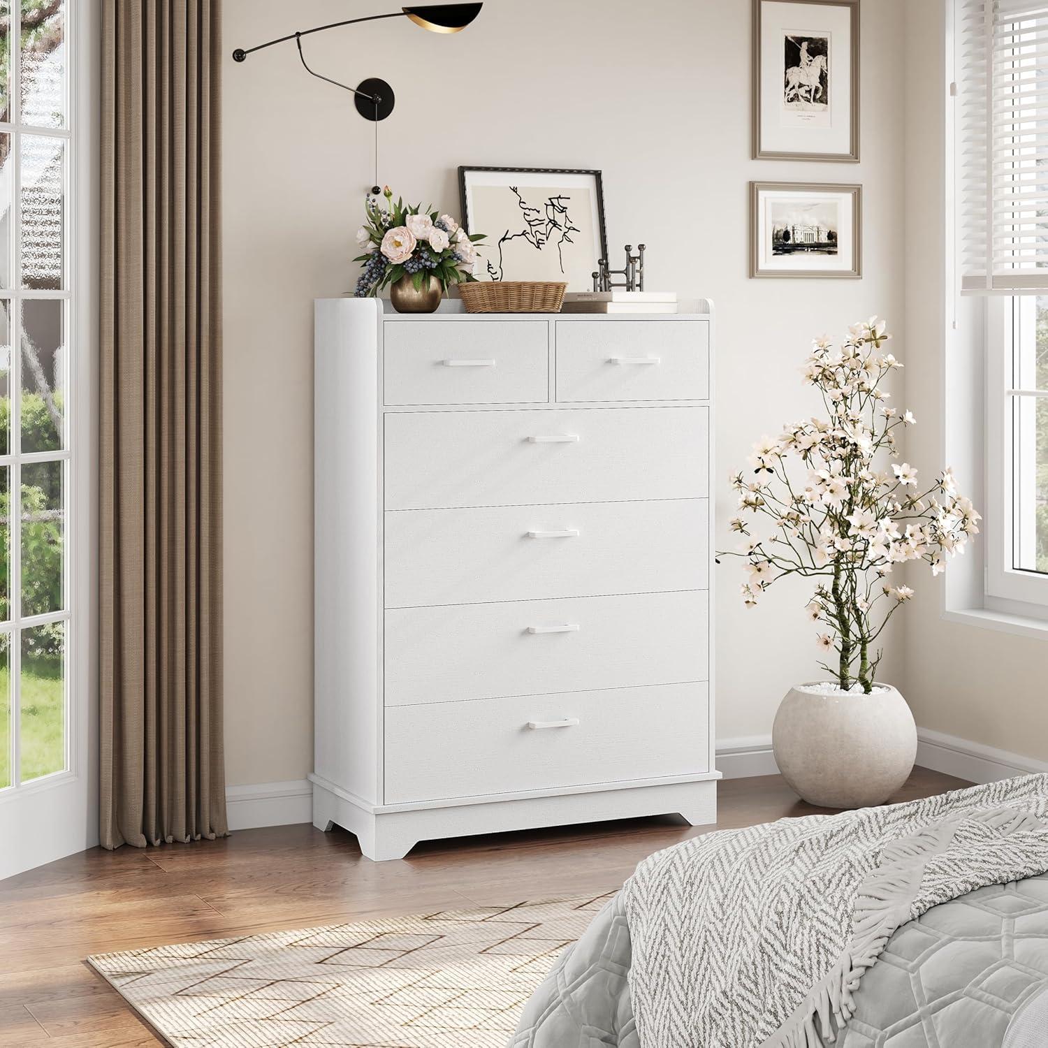 Homfa White Dresser with 6 Drawers, Vertical Chest of Drawers Wood Storage Cabinet for Bedroom Living Room