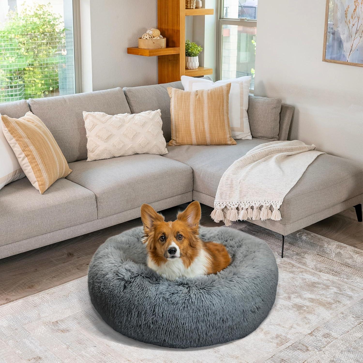 Small Gray Shag Fur Orthopedic Donut Pet Bed