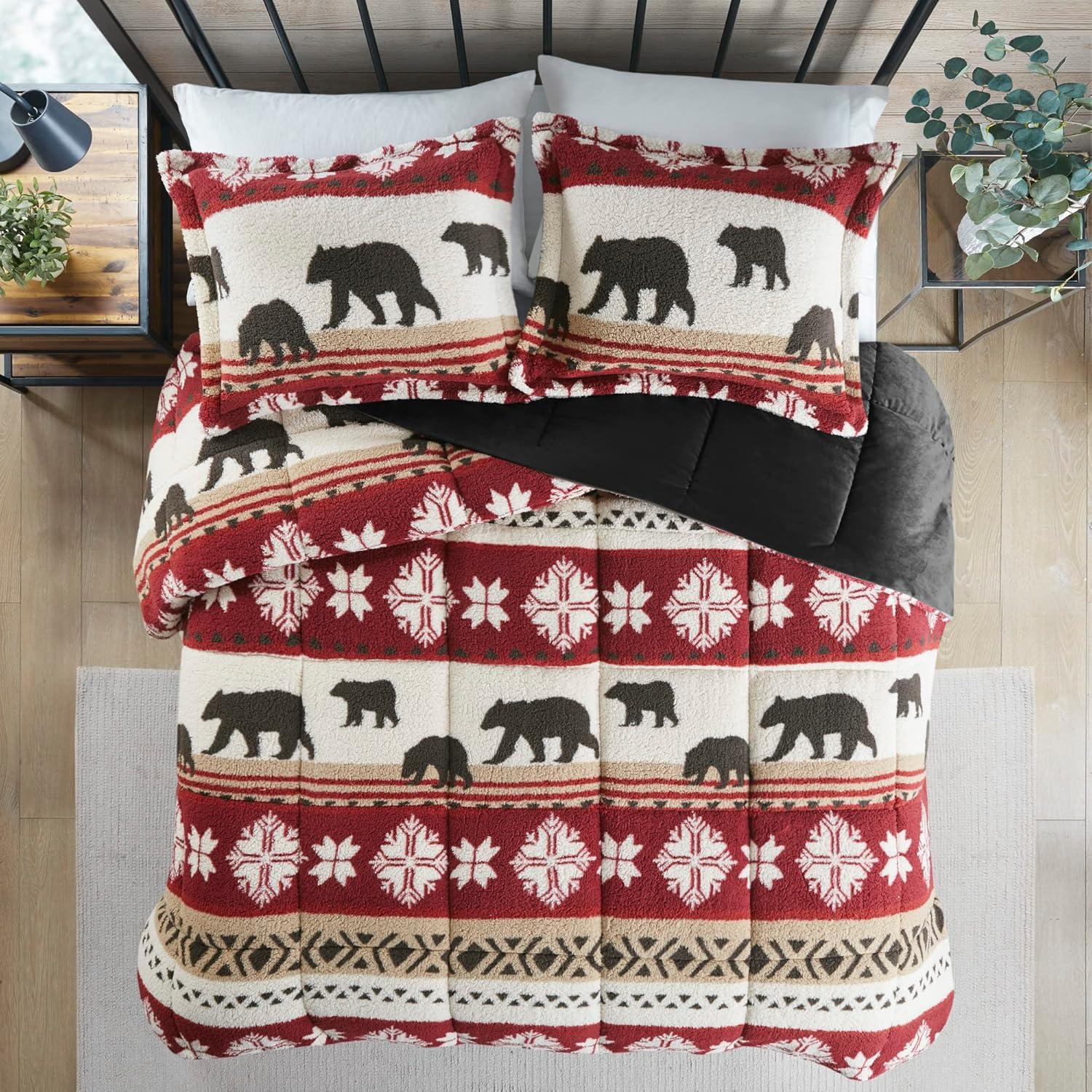 Woolrich Tunbridge Print Sherpa Comforter Set, Red/Black - King/Cal King