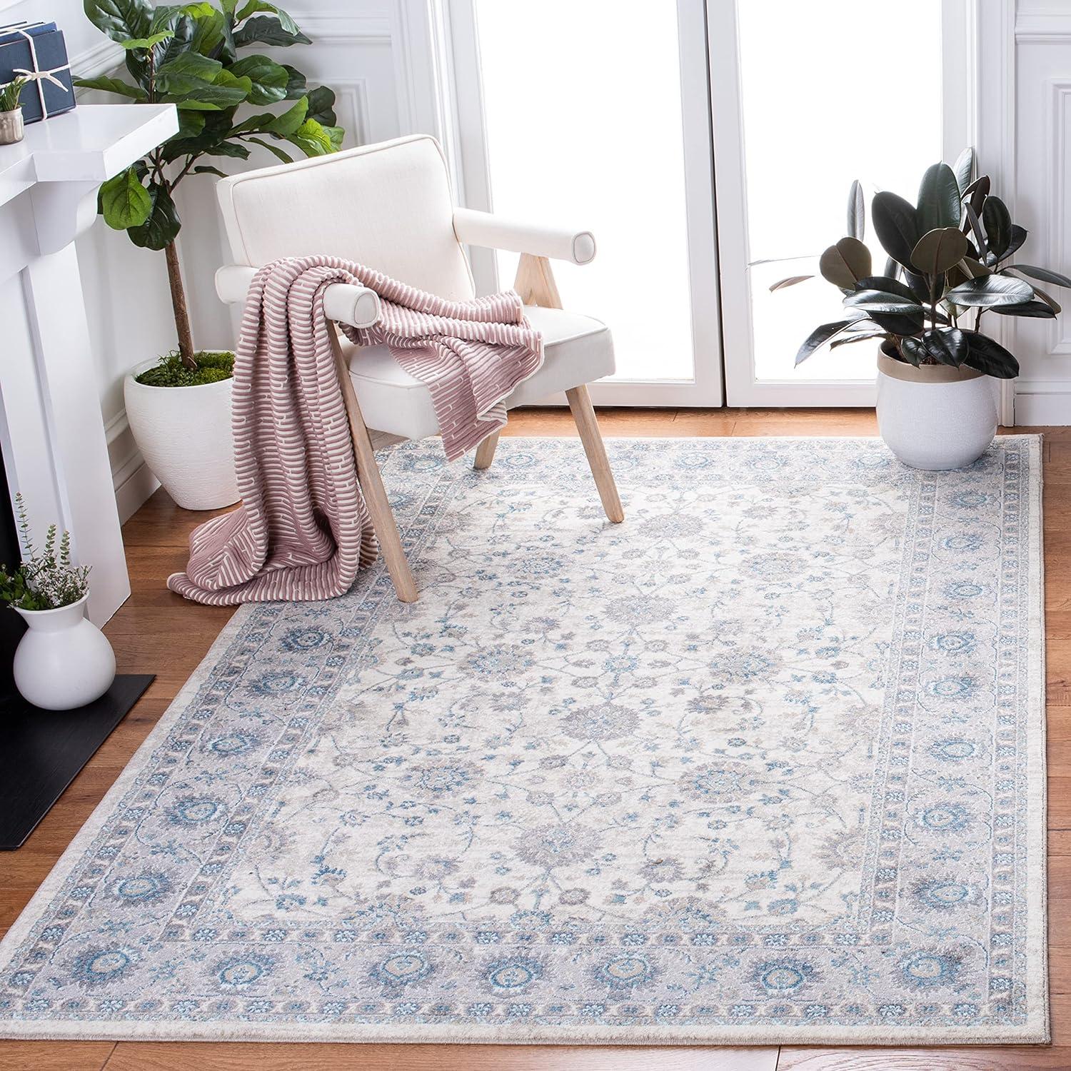 Ivory and Blue Synthetic Hand-knotted Area Rug