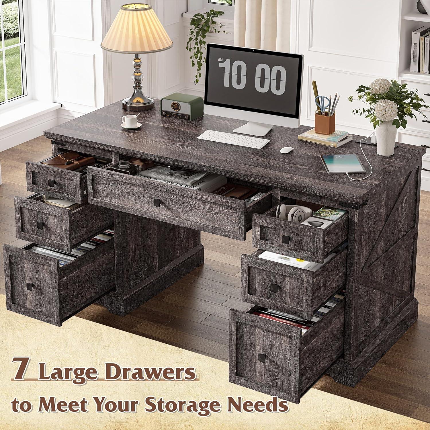 August Grove® 55'' W Computer Desk With Outlet, Farmhouse Executive Desk With 7 Drawers For Office Home