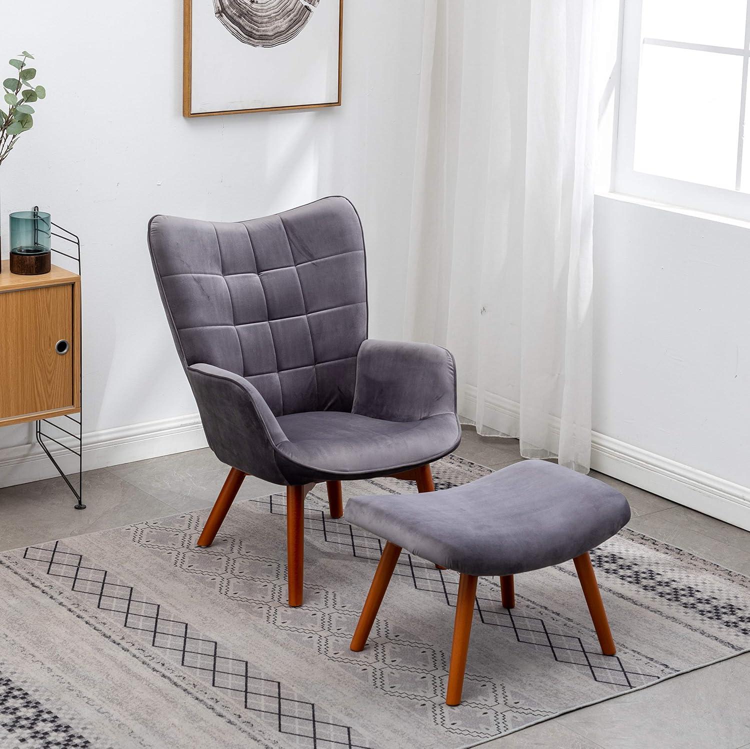 Roundhill Furniture Leiria Contemporary Silky Velvet Tufted Accent Chair with Ottoman, Blue