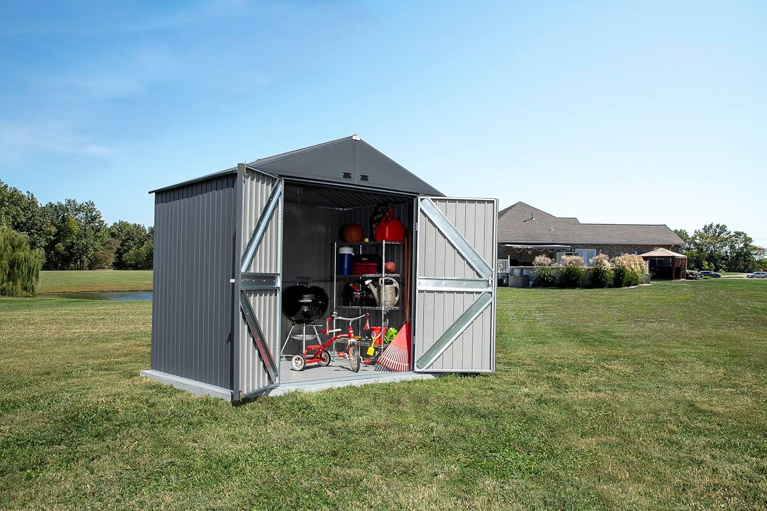 Elite 8' x 6' Gray Steel Storage Shed with Swing Doors