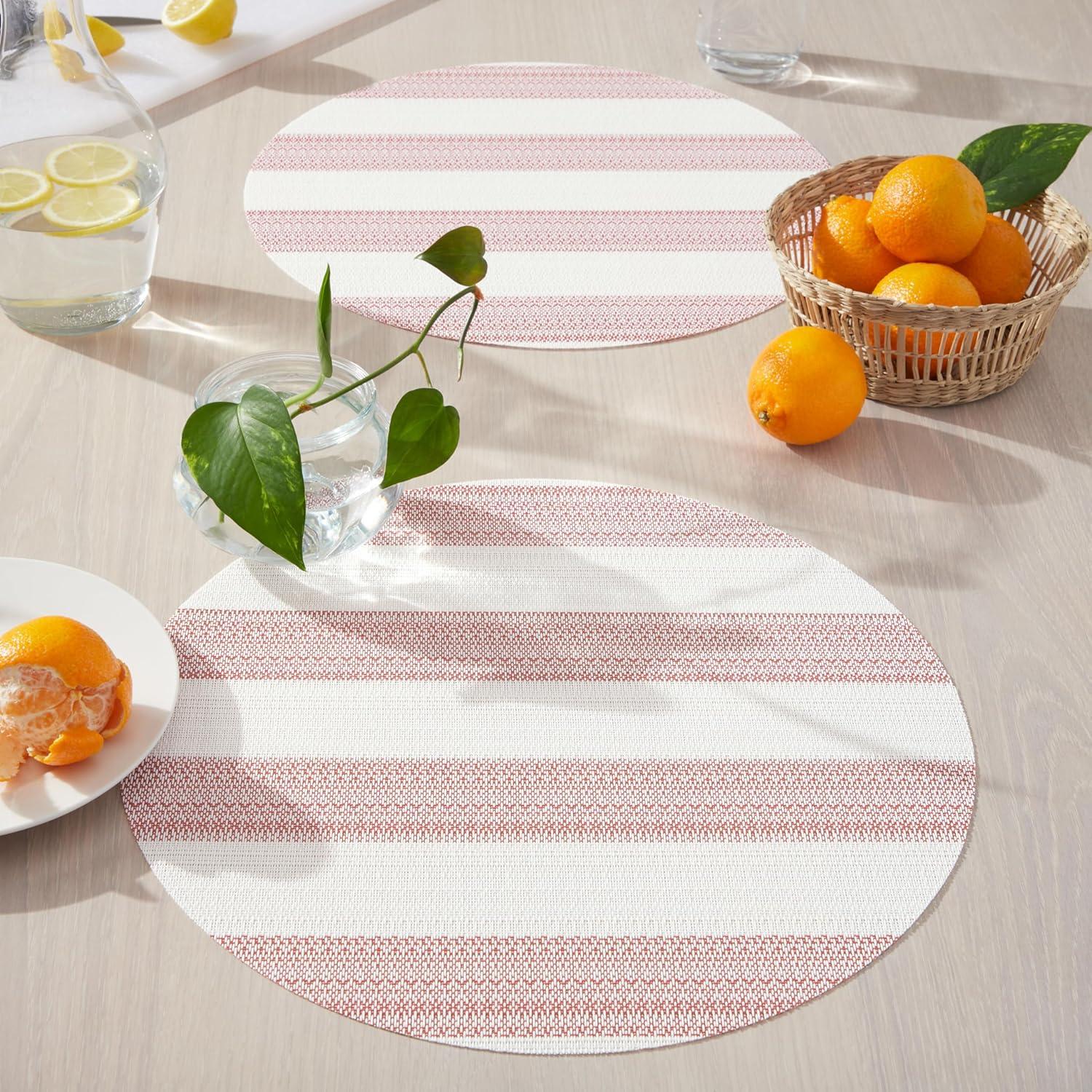 TOWN & COUNTRY BASICS Cabana Stripe Indoor Outdoor Placemats 4-Pack Set, Reversible and Easy Clean, Red/White, 15" Round