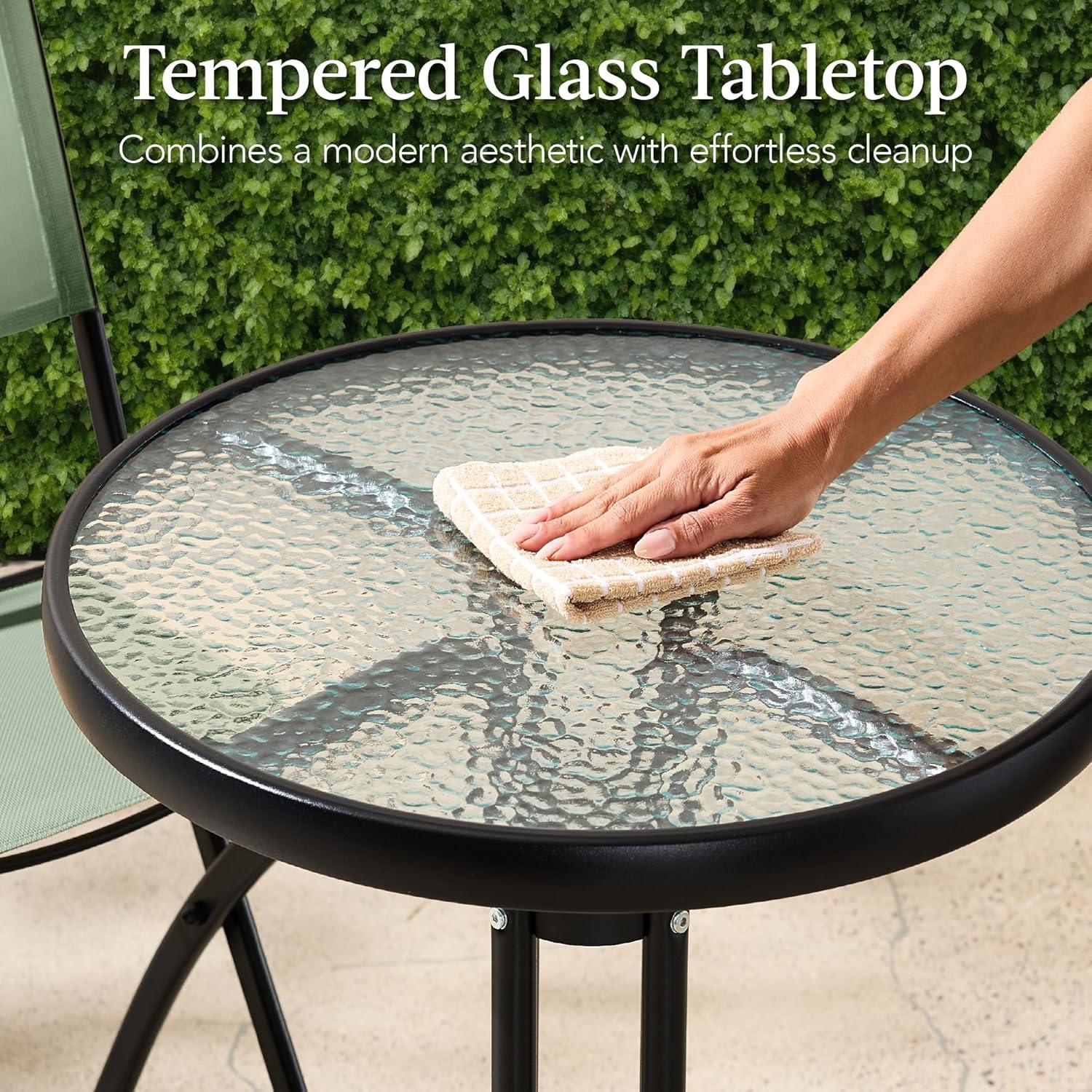 George Oliver 3-Piece Patio Bistro Dining Furniture Set W/ Glass Tabletop, Folding Chairs