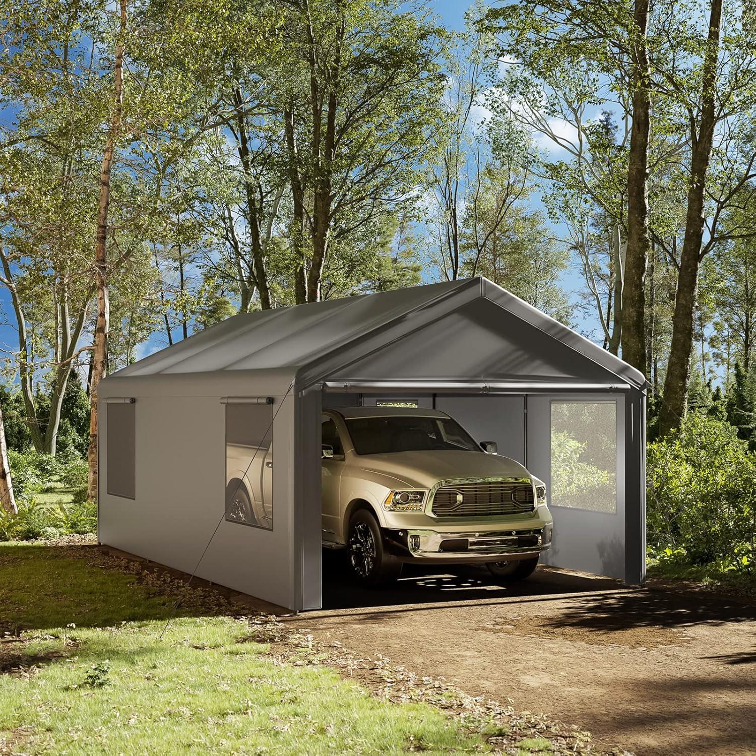 Gray 12' x 20' Portable Carport with Windows and Removable Sidewalls