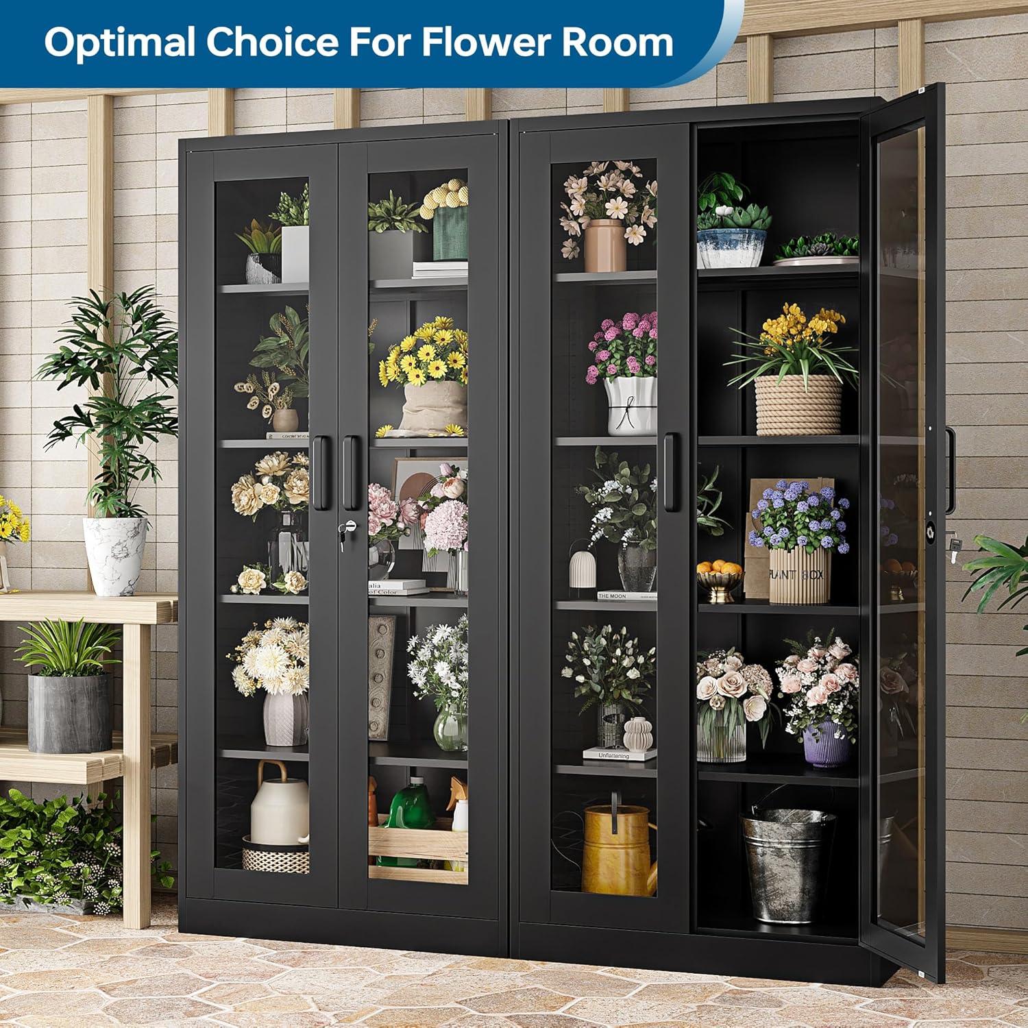 Display Cabinet With Glass Doors, Curio Cabinets With 4 Adjustable Shelves, Locking Glass Cabinet Display Case For Home, Office, Clinic, Pantry, Assemble Required