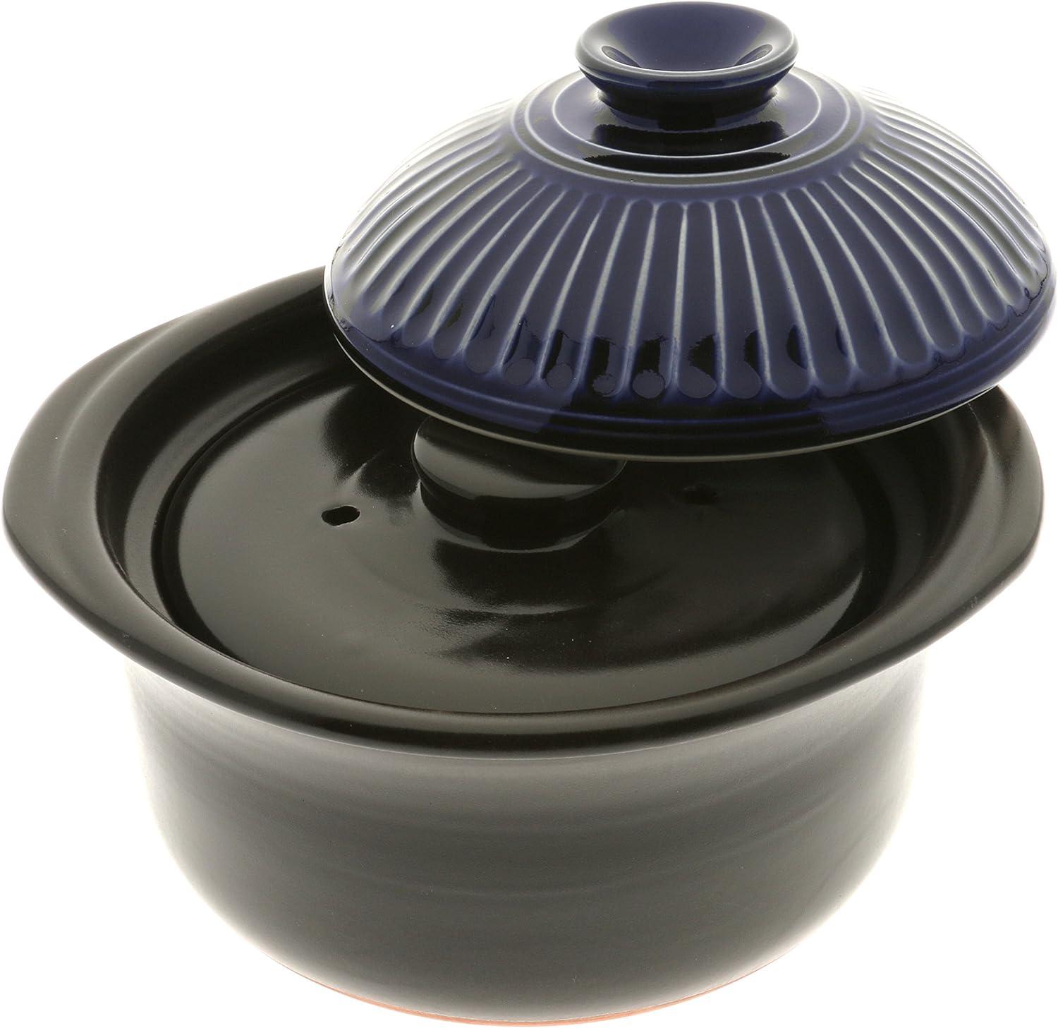 Kotobuki 190-808 Earthenware Rice Cooker with Matte and Cobalt Blue Spoke, Black