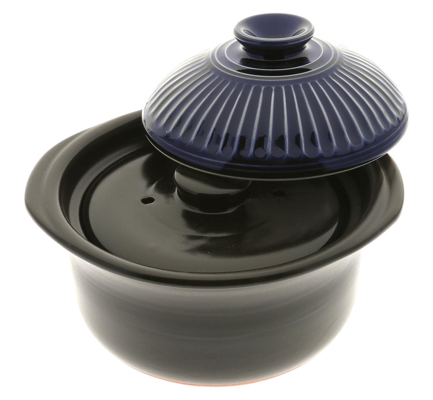 Kotobuki 190-808 Earthenware Rice Cooker with Matte and Cobalt Blue Spoke, Black