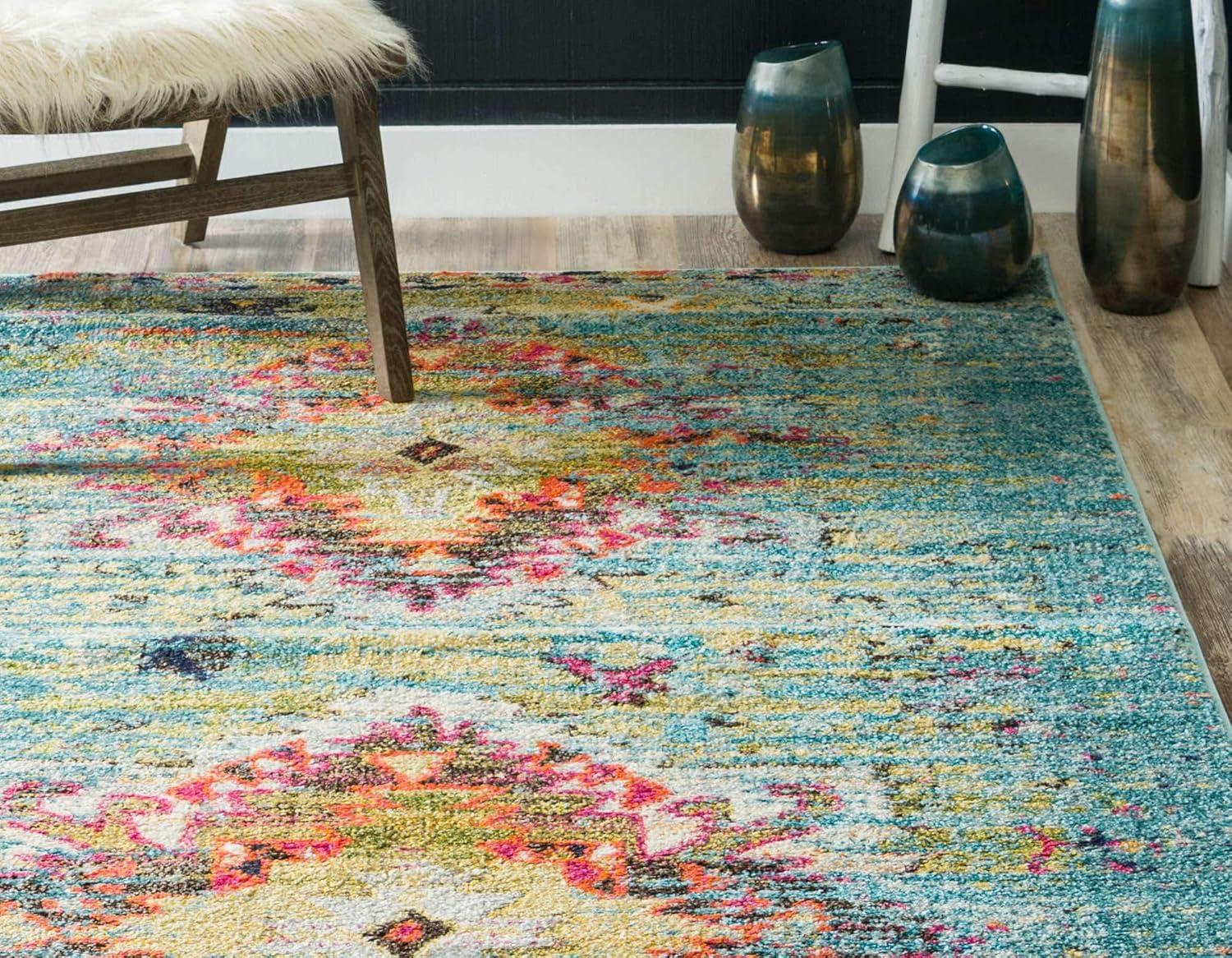 Turquoise and Yellow Over-Dyed Tribal Vintage Rectangular Rug