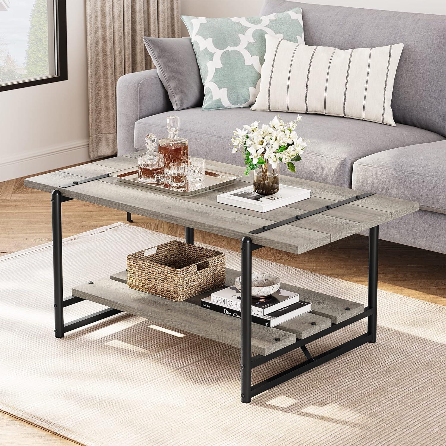 Gray Engineered Wood and Metal Outdoor Coffee Table with Storage Shelf