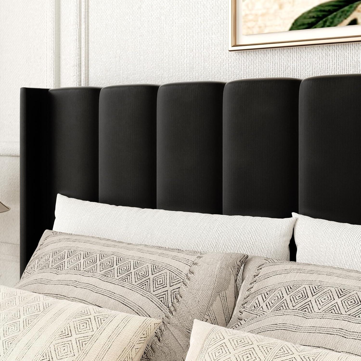 Full Size Black Velvet Upholstered Bed Frame with Tufted Headboard and Storage Drawer