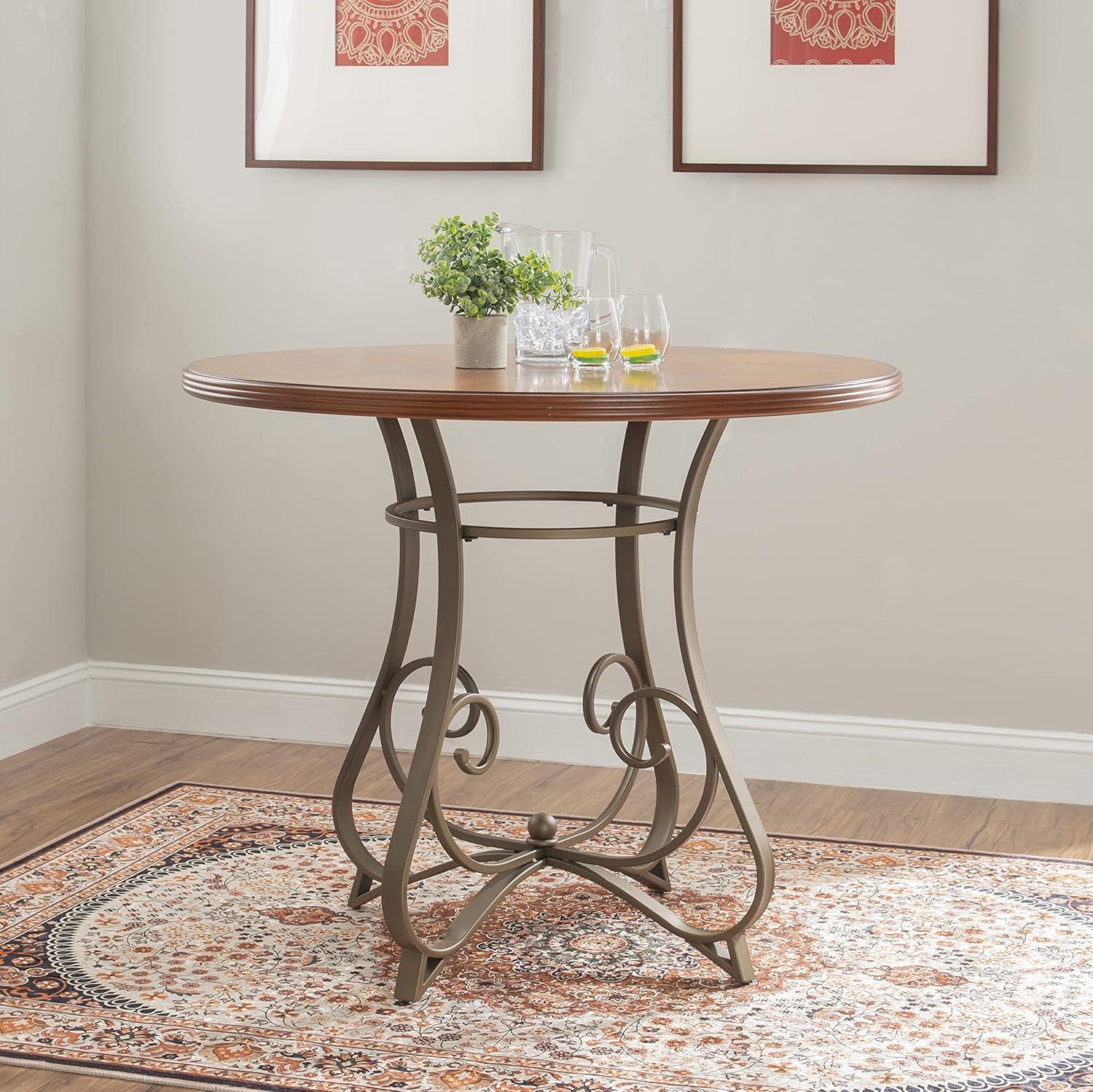 Linon Hamilton 42" Round Cherry Wood Dining Table Base in Matte Pewter & Bronze