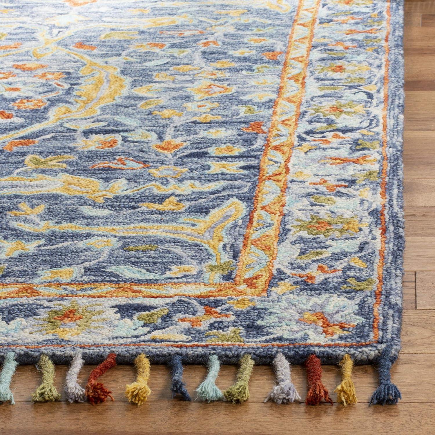 Handmade Tufted Wool Square Area Rug in Blue and Rust, 7' x 7'