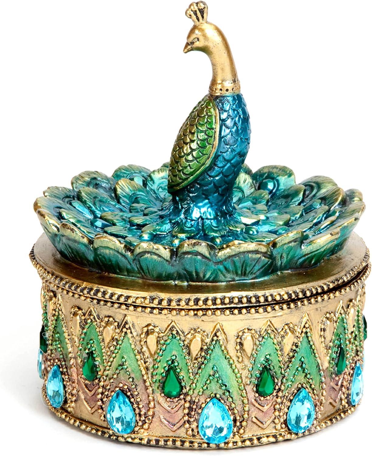 Bits and Pieces - Peacock Keepsake Box - Peacock Art - Golden Jewelry Box