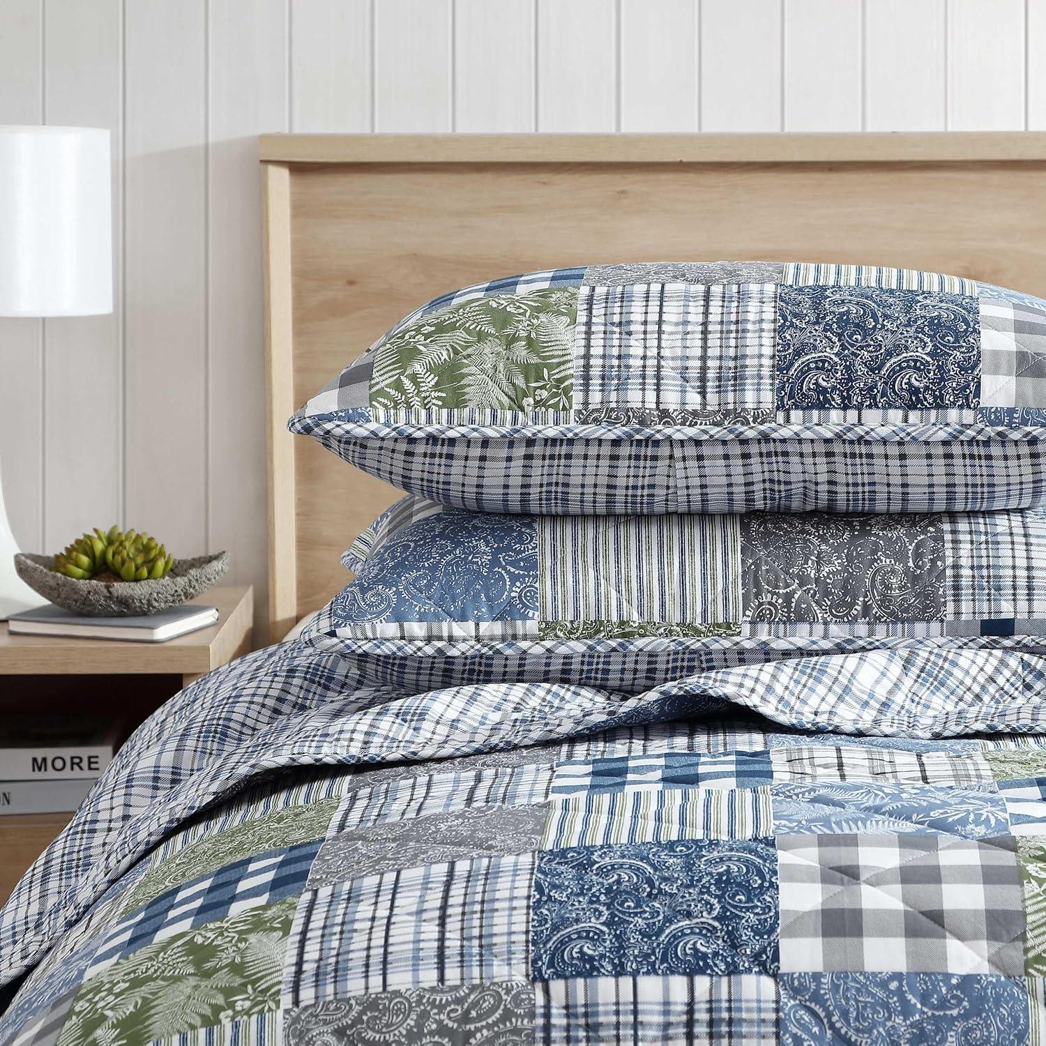 Eddie Bauer Cozy Plaid Patchwork 100% Cotton Quilt Set Blue