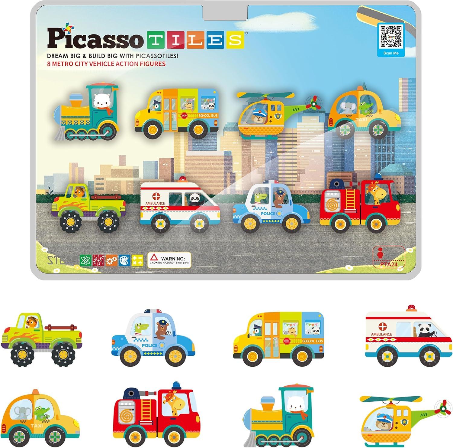 Picasso-TILES 8 PC Metro City Vehicle Themed, Magnetic Tiles, Building Blocks, STEM Toys for Kids 3+