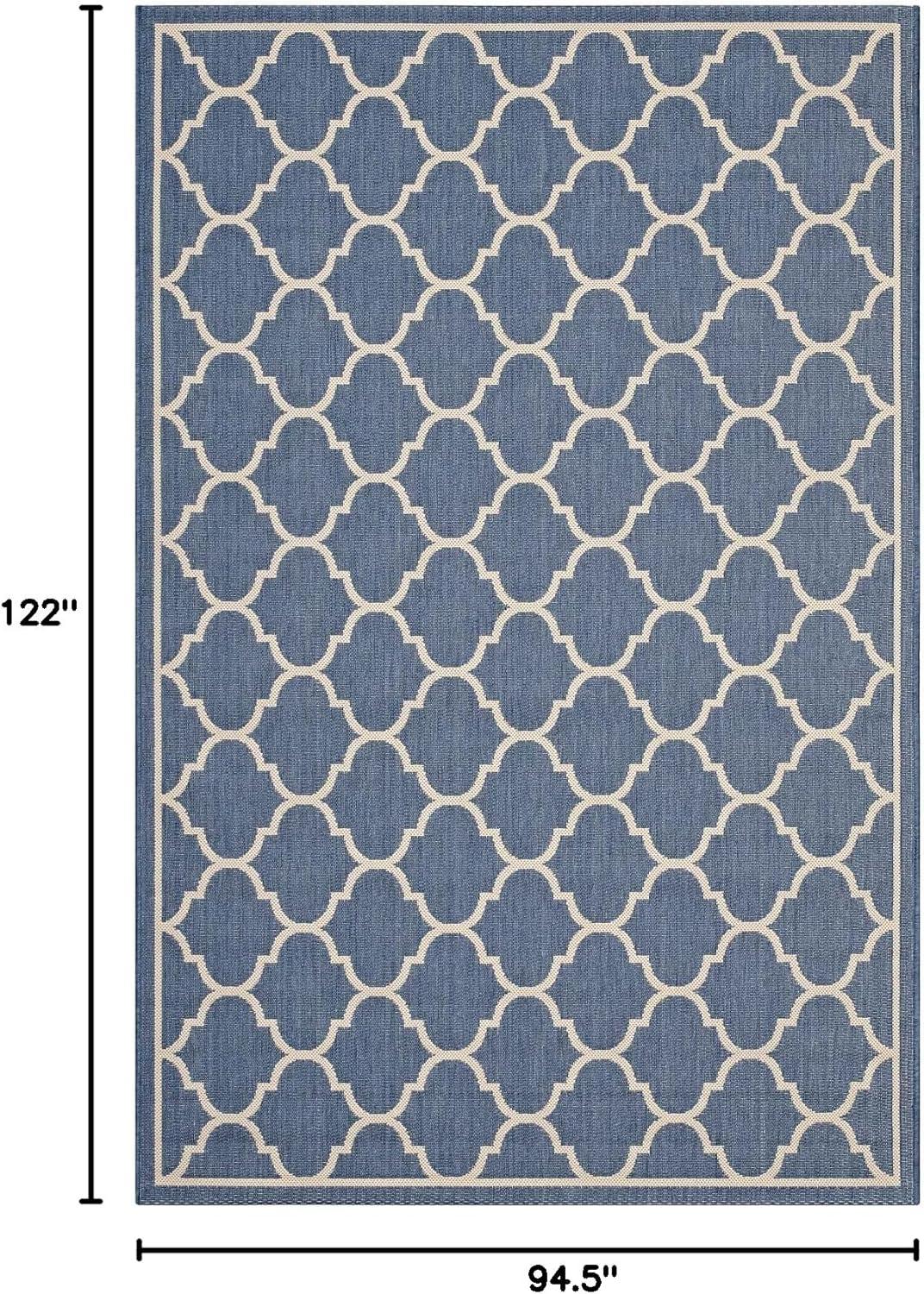 Modway Avena Moroccan Quatrefoil Trellis 8x10 Indoor and Outdoor Area Rug - Blue and Beige,  100% Soft Polypropylene ,  Tight Low Pile Weave