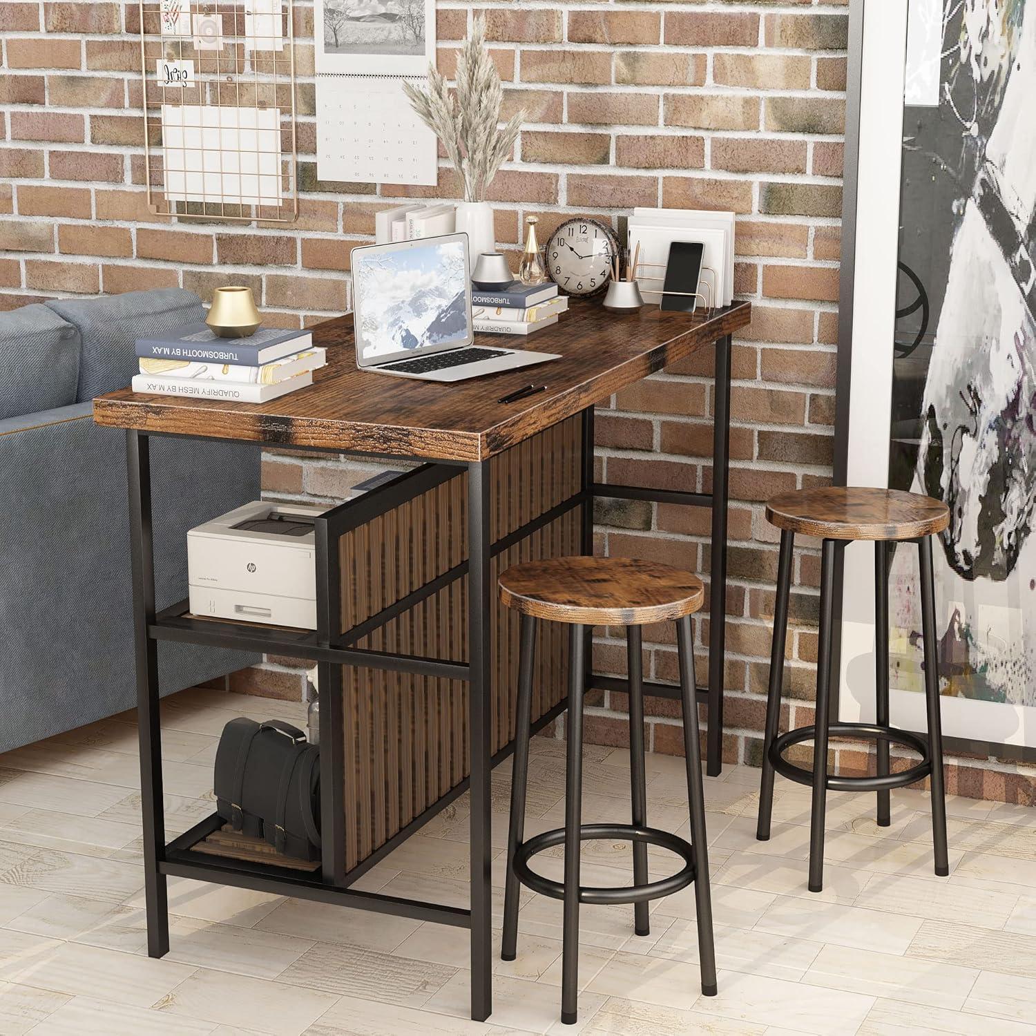 DKLGG Kitchen Island with Storage, 3 Piece Dining Table Set with 2 Tier Storage Shelves, Bar Table with Barstool, Sturdy Island Table with Chairs for Restaurant, Living Room
