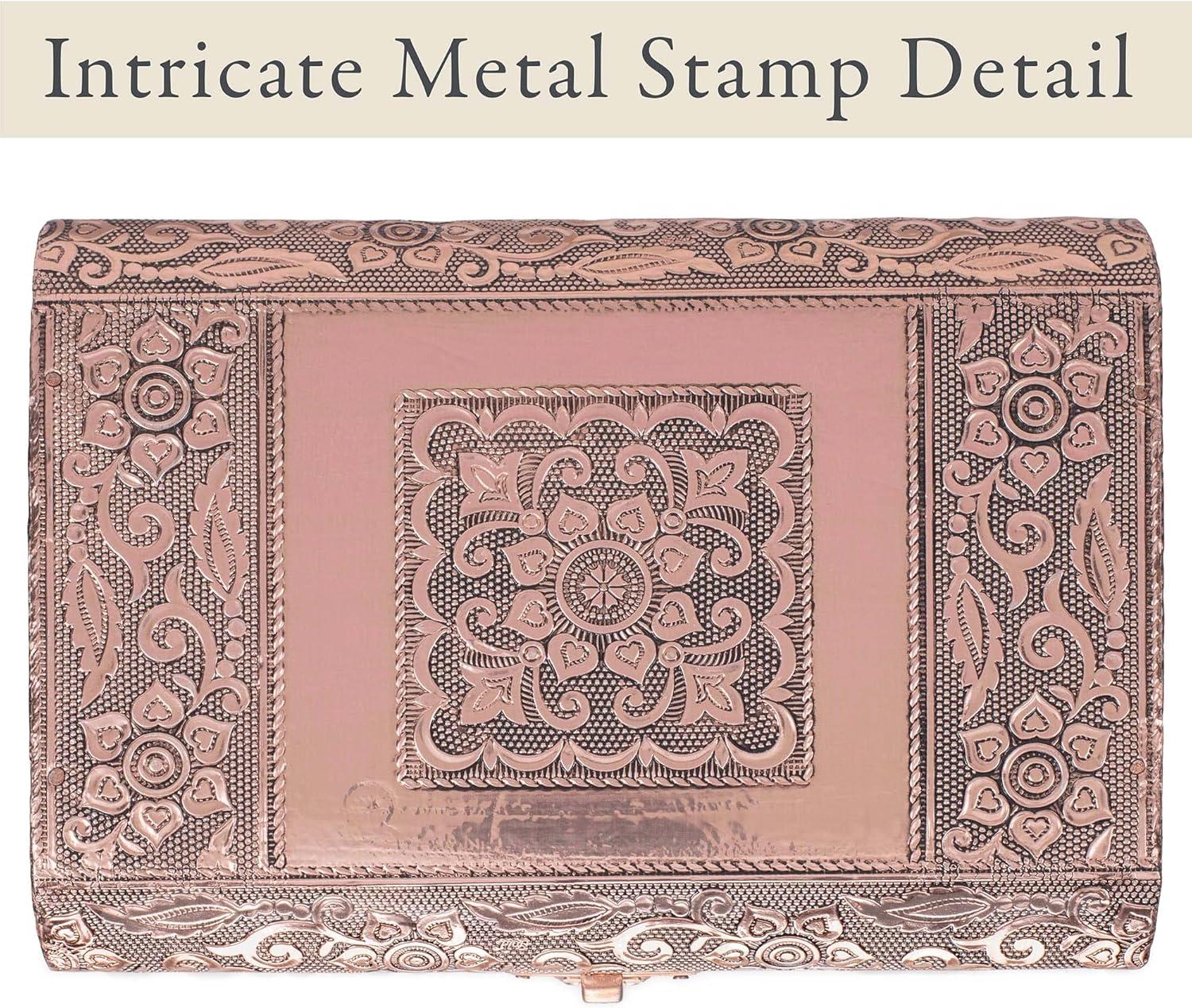 Cottage Garden Moroccan Copper Tone Metal Stamped Round Top Trunk Keepsake Box
