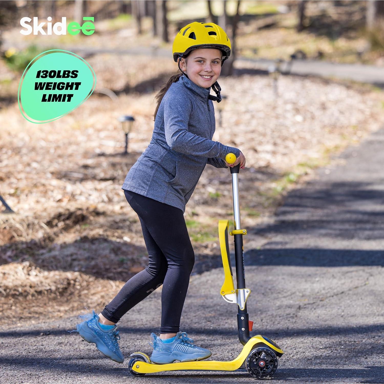 Skidee Kick Scooters for Kids, Adjustable Height, Foldable, LED Lights, Rear Brake, Ages 2-12, Yellow