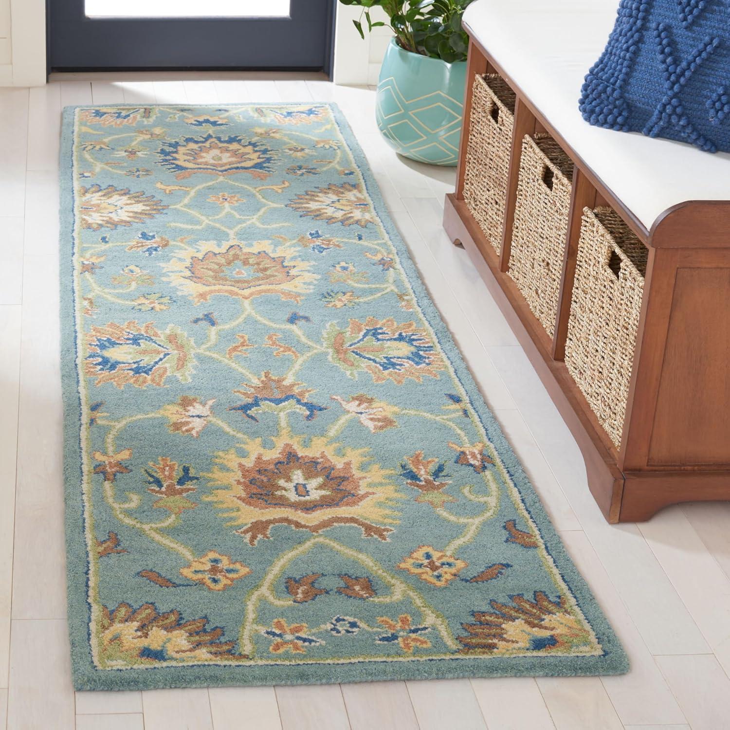 Light Blue Hand-Tufted Wool Floral Runner Rug, 2'3" x 8'