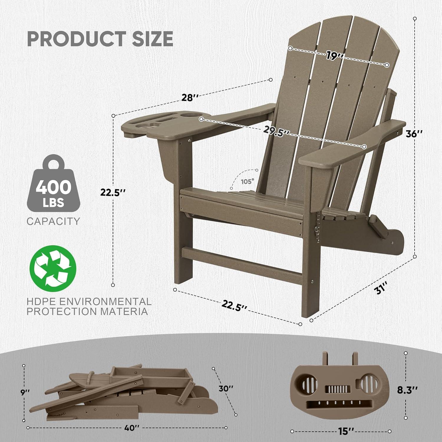 Folding Adirondack Lawn Chairs Set of 4 for Outdoor Patio Garden, Weather Wood