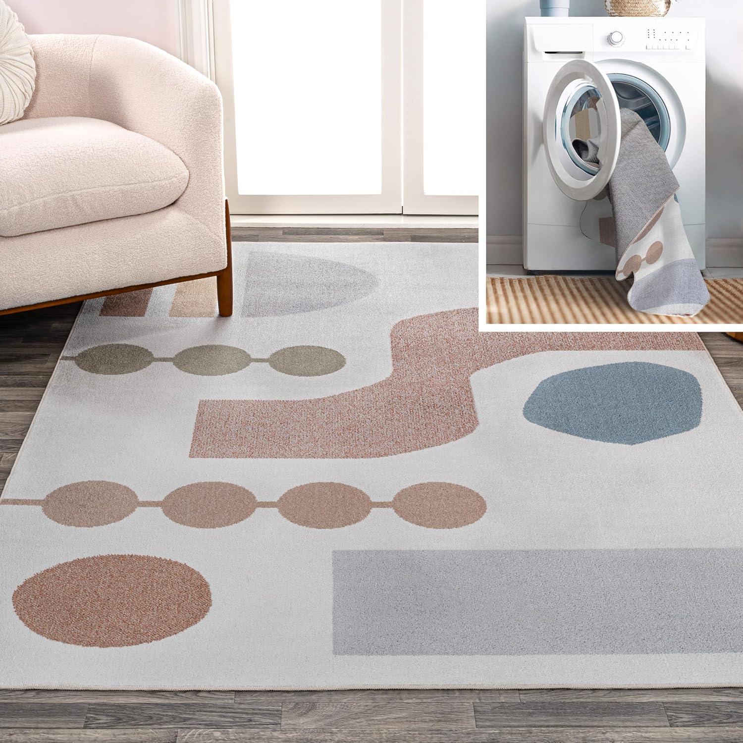 Cream and Multi Abstract Washable Kids Area Rug 4' x 6'