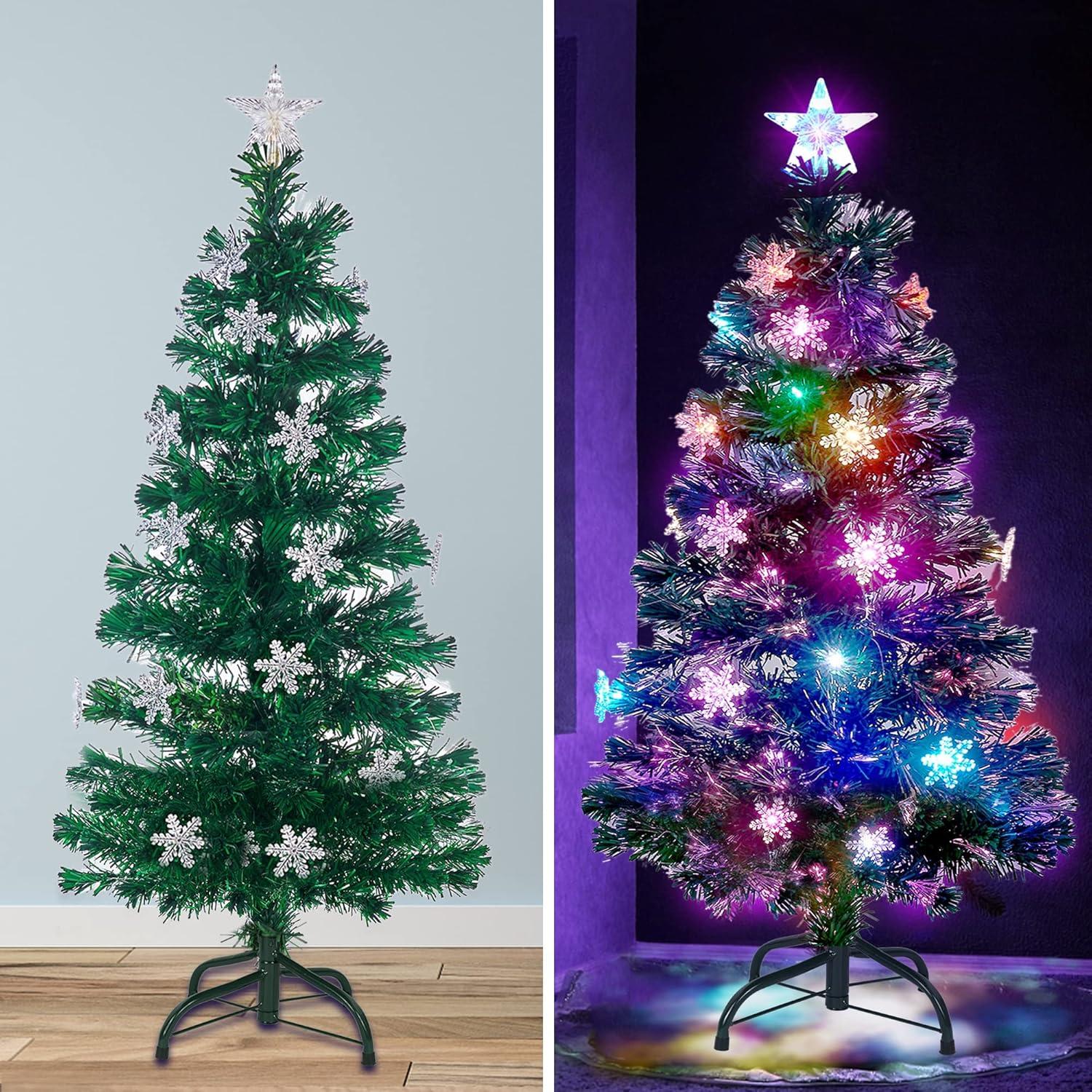 5 FT Artificial Tree, Pre-Lit Optical Fiber Trees with Multicolor LED Lights, Snowflakes & Top Star, Lighted Tree Holiday Home Decor