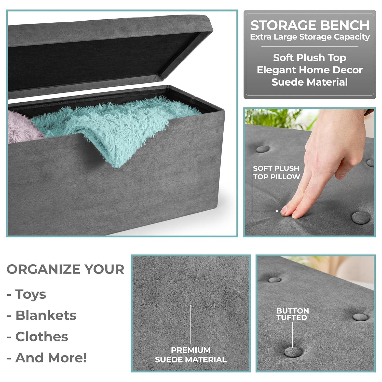 Sorbus Faux Suede Storage Ottoman Cube - Seat & Declutter! Plush cushion, hidden storage, lightweight & portable. Folds flat (Gray)