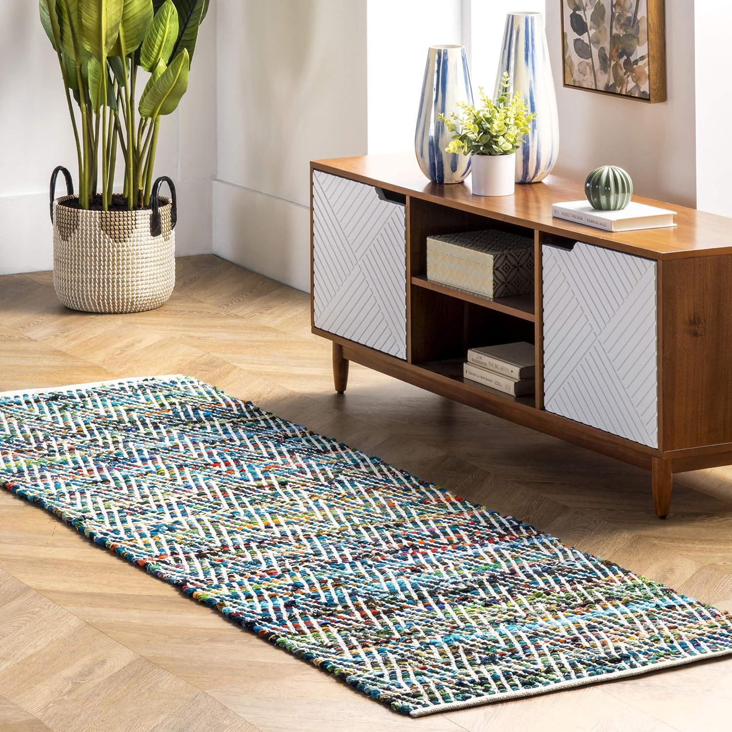 Green and Multicolor Handwoven Cotton Chevron Runner Rug