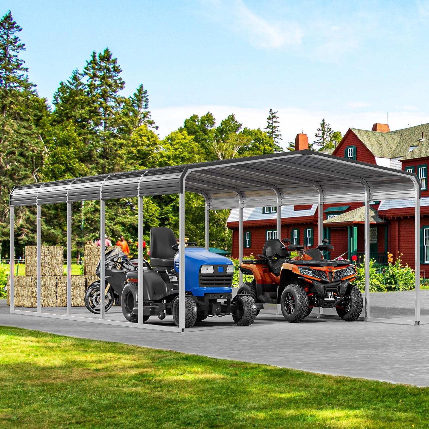 Tolead 12' x 20' Outdoor Metal Carport, Heavy Duty Galvanized Steel Car Canopy for Truck, SUV, Boat, Grey