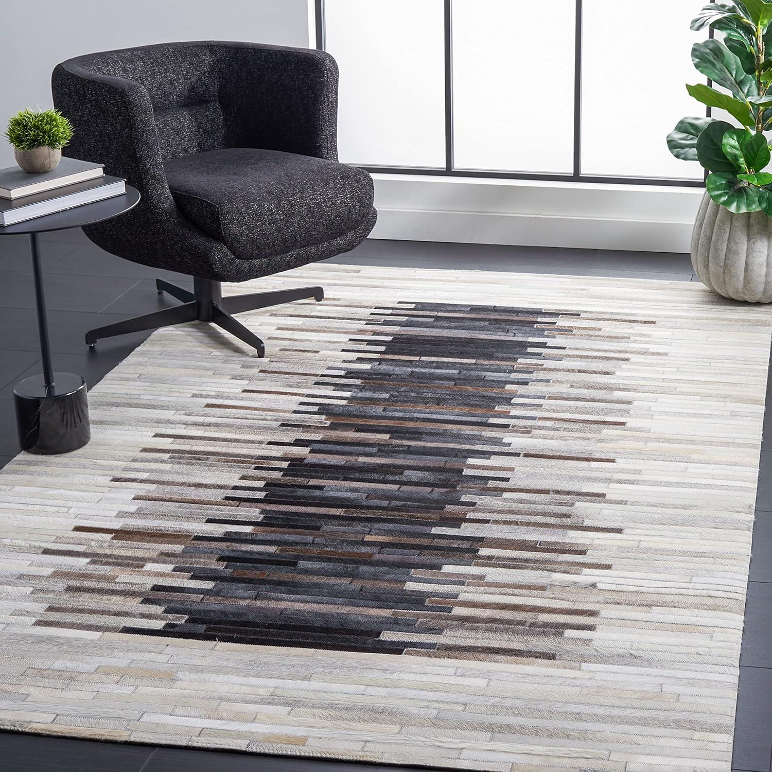 Handmade Gray and Brown Geometric Cowhide Area Rug